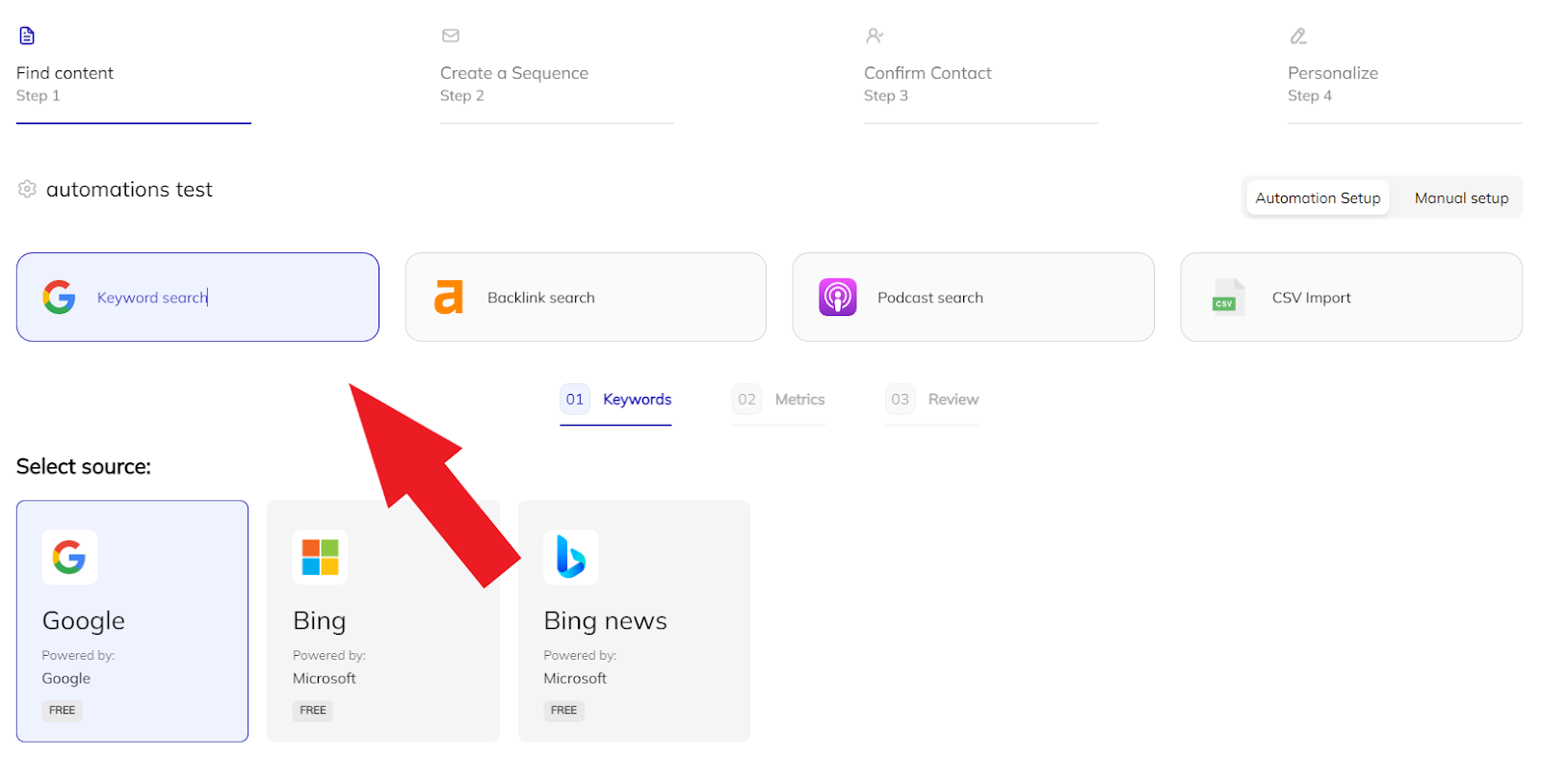 selecting keyword search in respona