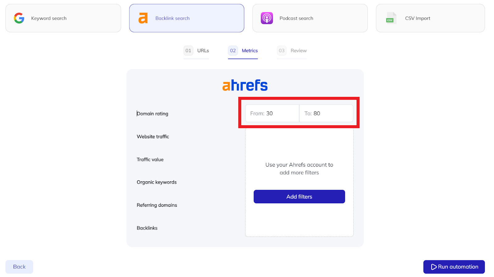 selecting additional ahrefs filters
