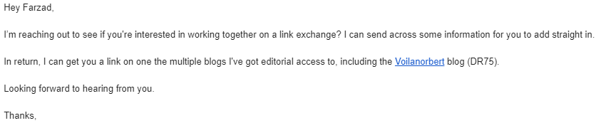 reciprocal link email pitch example