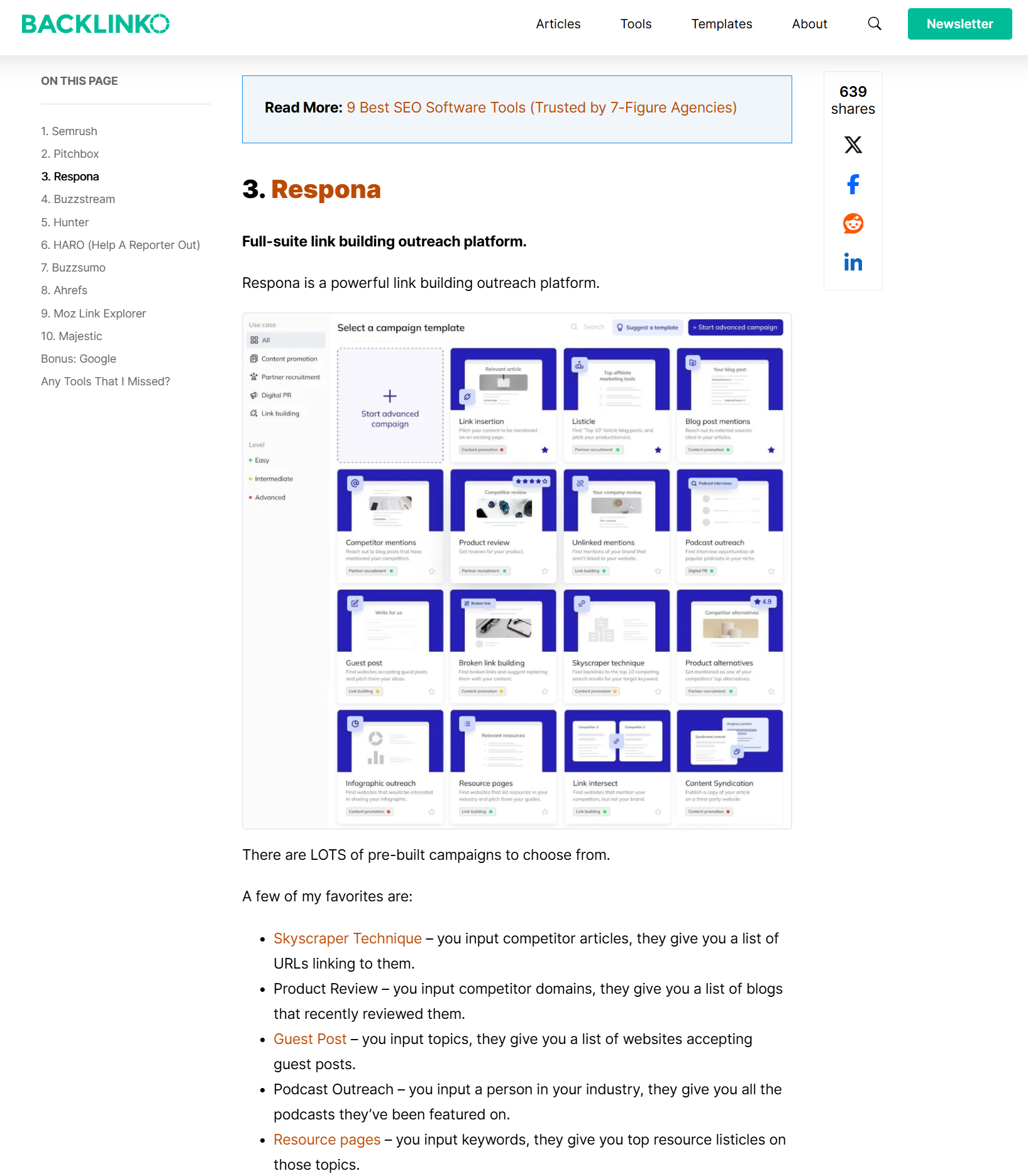 respona placement on backlinko link building tools listicle